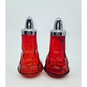 Viking Glass Red Georgian pattern Salt Pepper Shaker Set.
